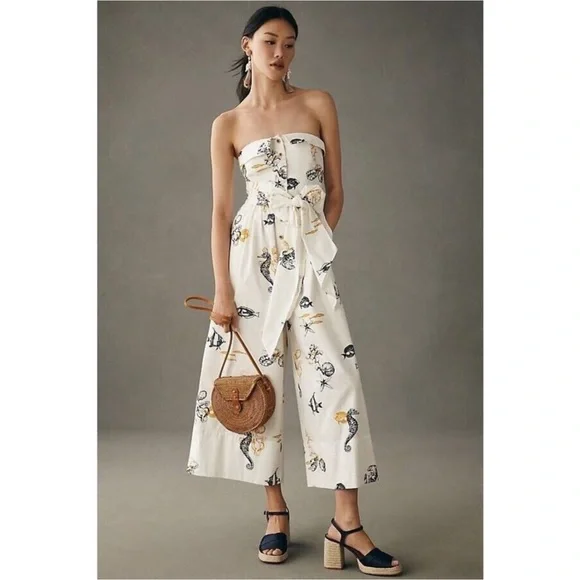 Anthropologie Maeve Sea Creatures Strapless Buttondown Wide-Leg Jumpsuit - Picture 1 of 16
